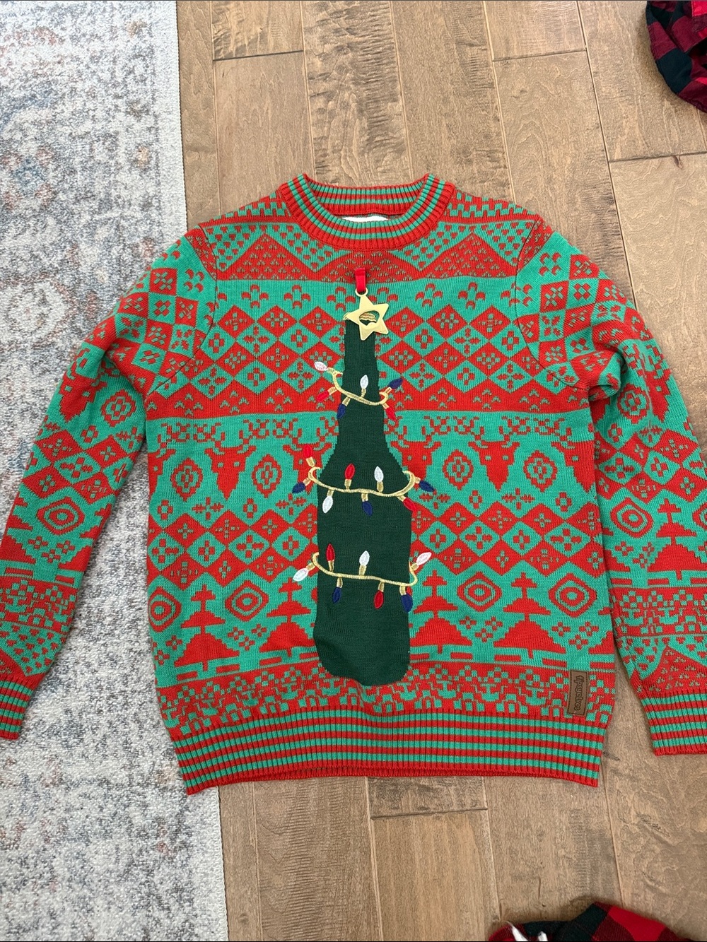 Tipsy Elves- Festive Red & Green Christmas Tree Knit Sweater Beer Bottle L - Men